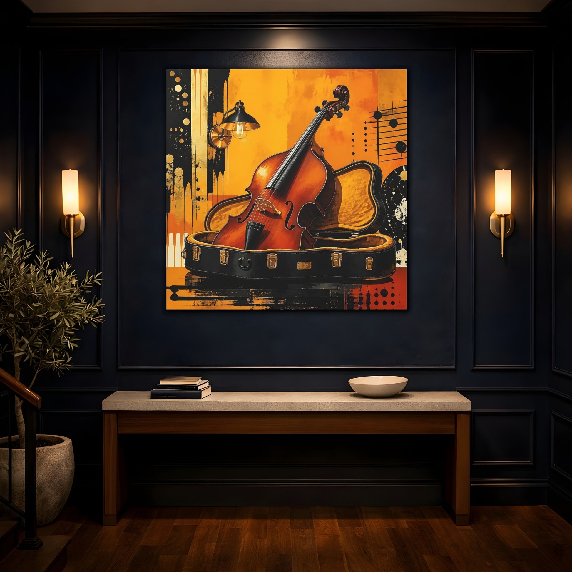 Mockup 4. Golden Cello In Case shown as canvas print