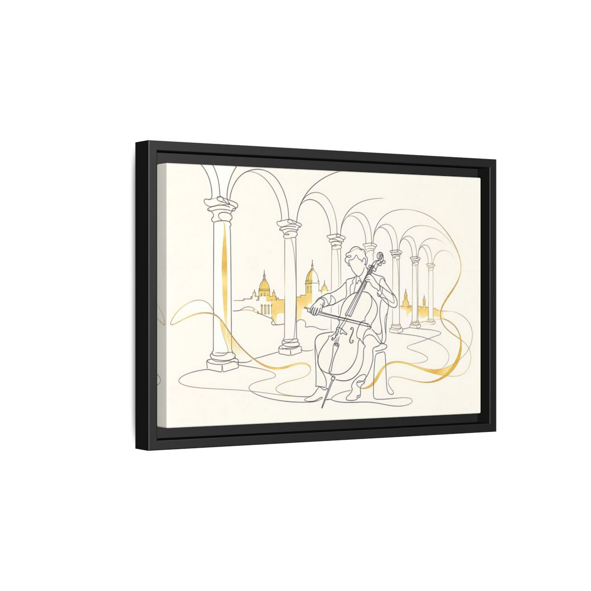 Side Mockup 6. Golden Cello Serenade shown as framed canvas print