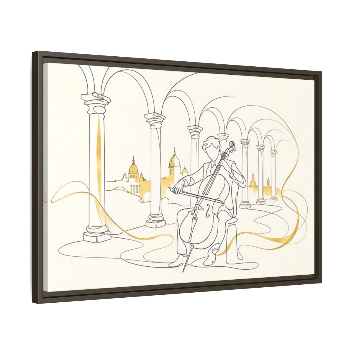 Side Mockup 11. Golden Cello Serenade shown as framed canvas print