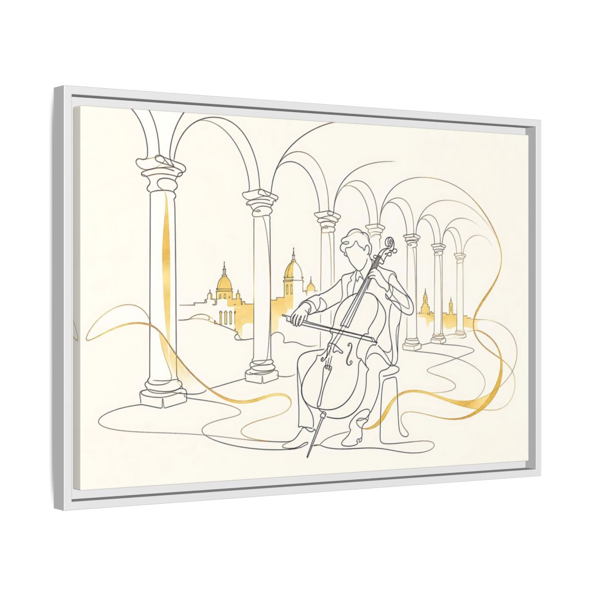 Side Mockup 10. Golden Cello Serenade shown as framed canvas print