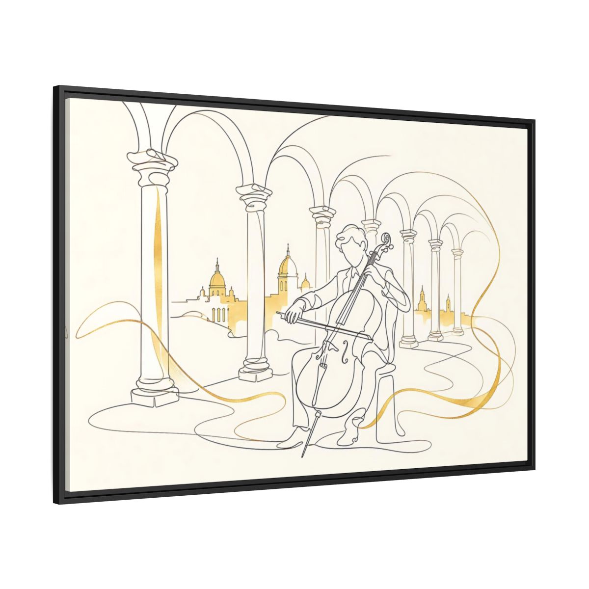 Side Mockup 12. Golden Cello Serenade shown as framed canvas print