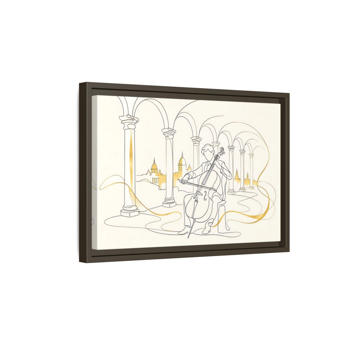 Side Mockup 5. Golden Cello Serenade shown as framed canvas print