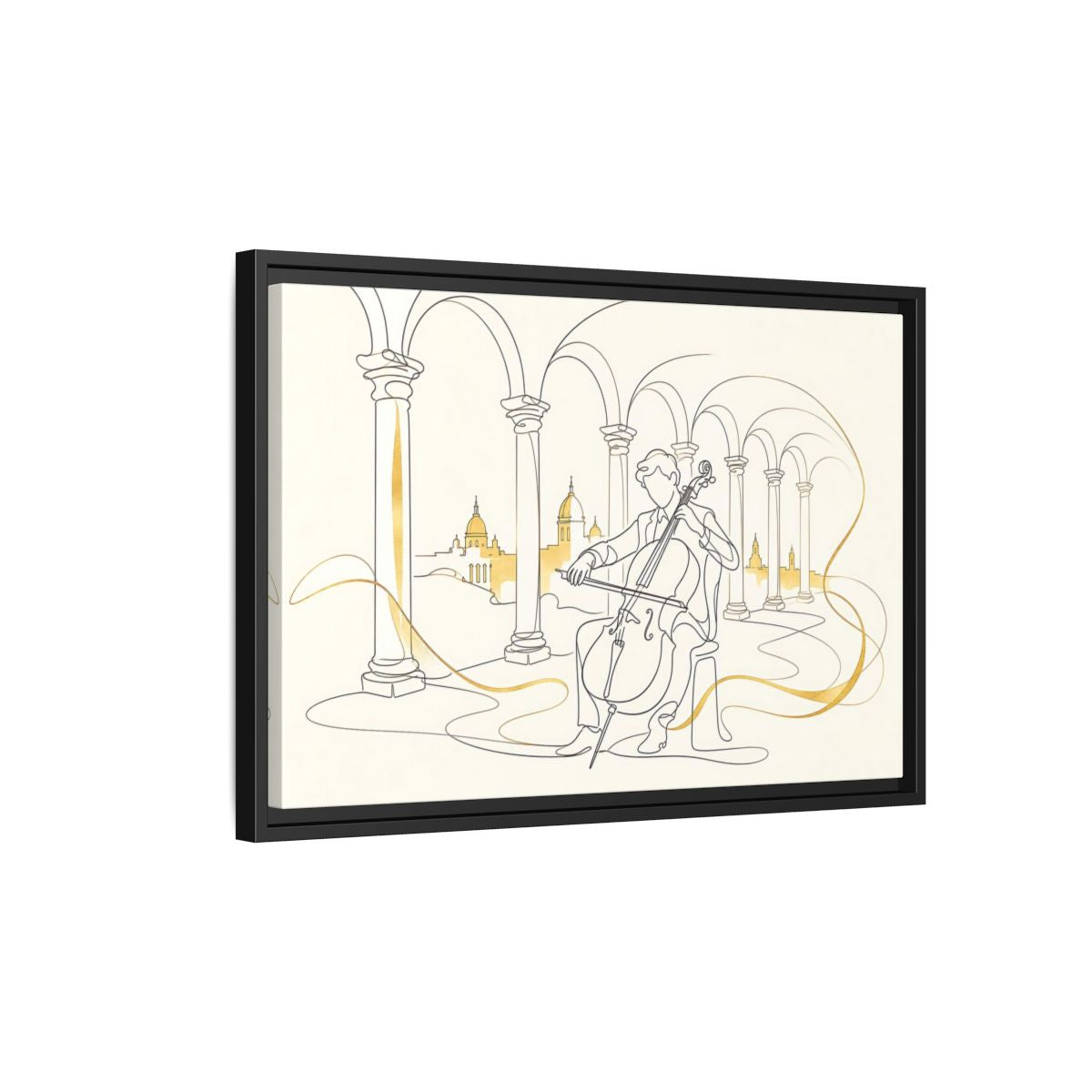 Side Mockup 3. Golden Cello Serenade shown as framed canvas print