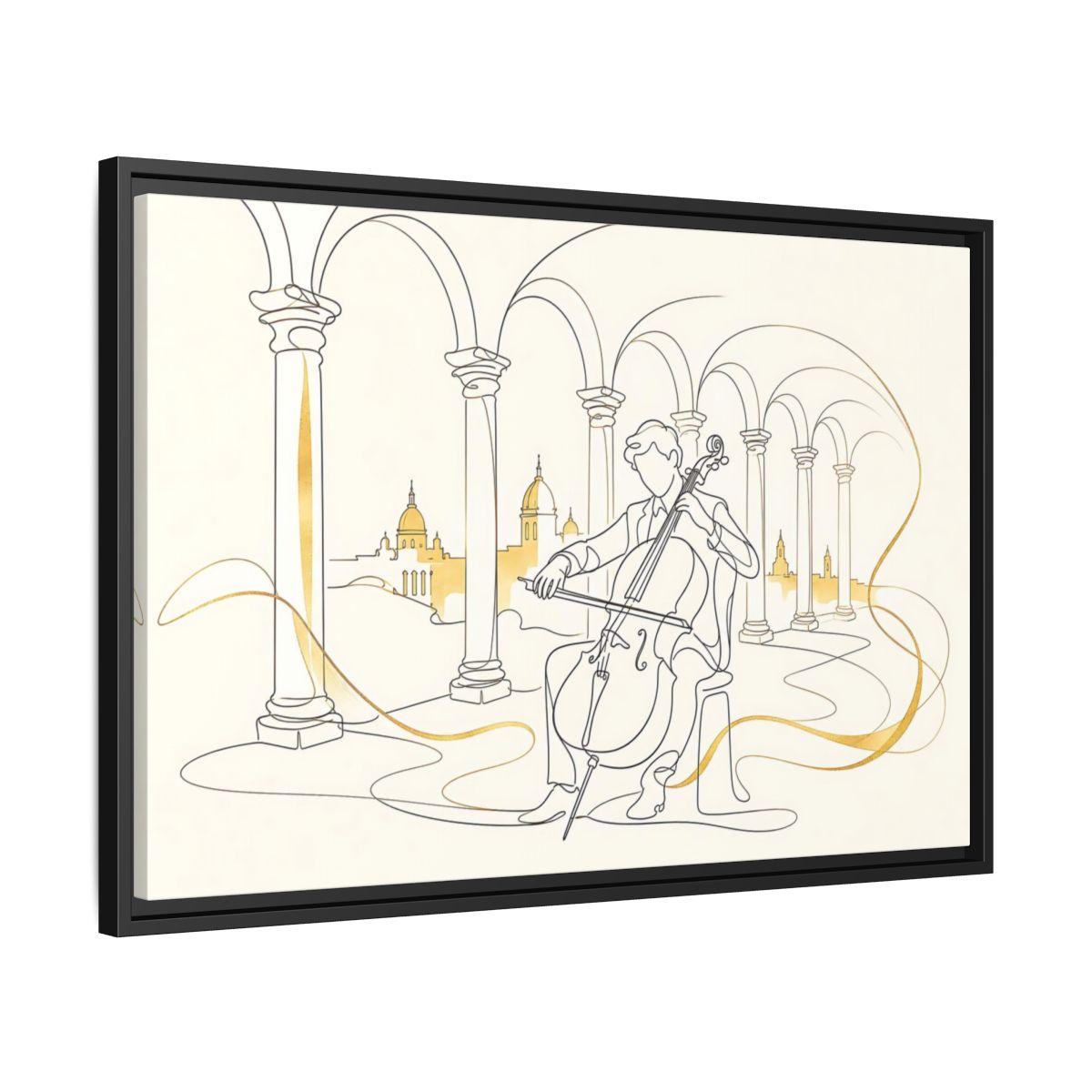 Side Mockup 14. Golden Cello Serenade shown as framed canvas print