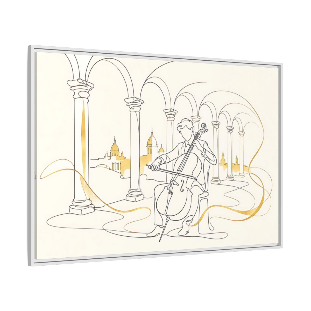 Side Mockup 7. Golden Cello Serenade shown as framed canvas print