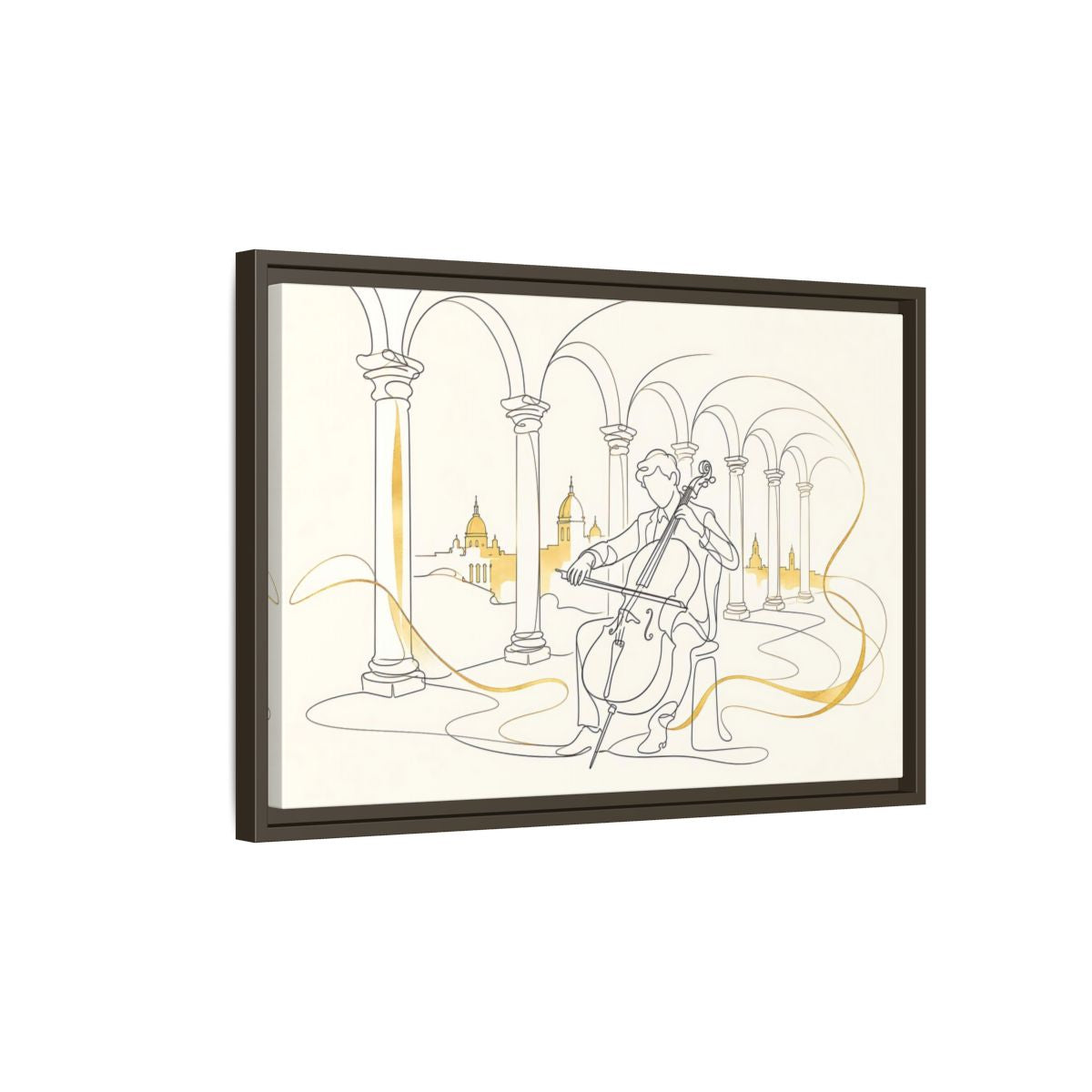 Side Mockup 2. Golden Cello Serenade shown as framed canvas print