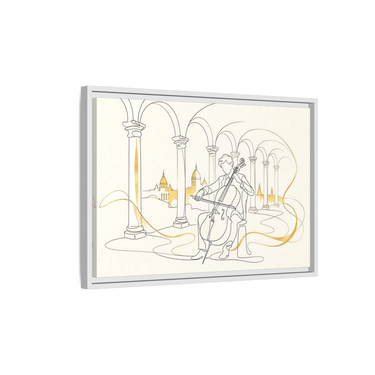 Side Mockup 1. Golden Cello Serenade shown as framed canvas print