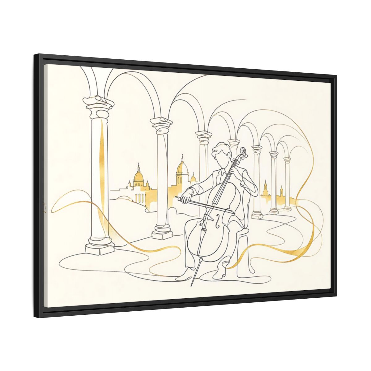 Side Mockup 13. Golden Cello Serenade shown as framed canvas print