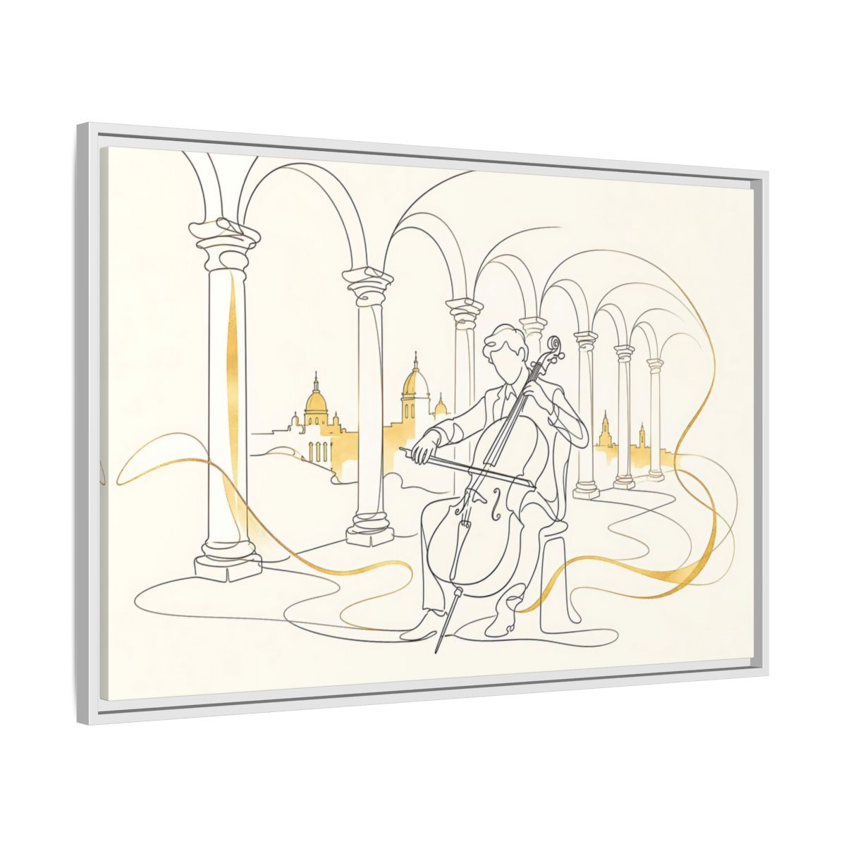Side Mockup 9. Golden Cello Serenade shown as framed canvas print