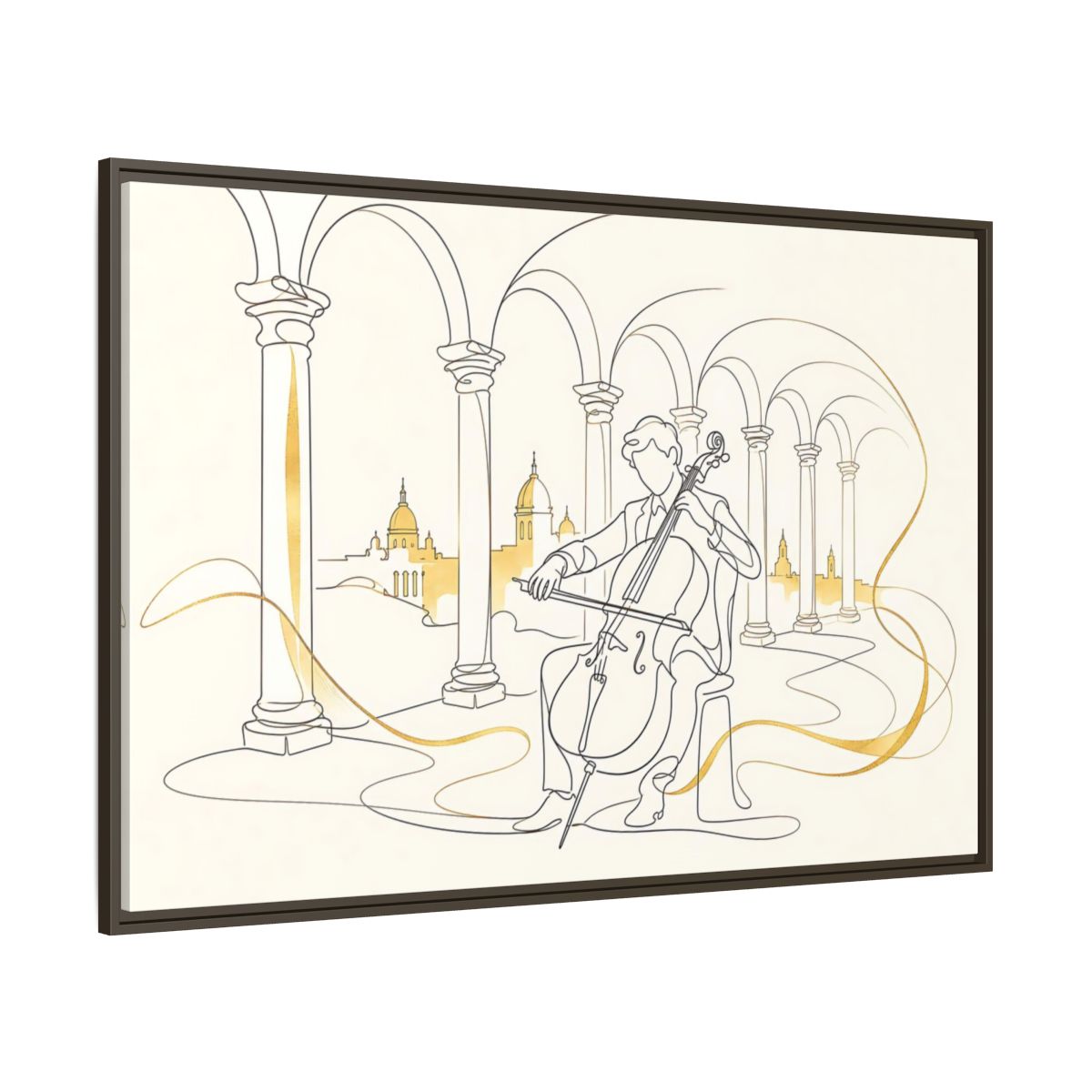 Side Mockup 8. Golden Cello Serenade shown as framed canvas print