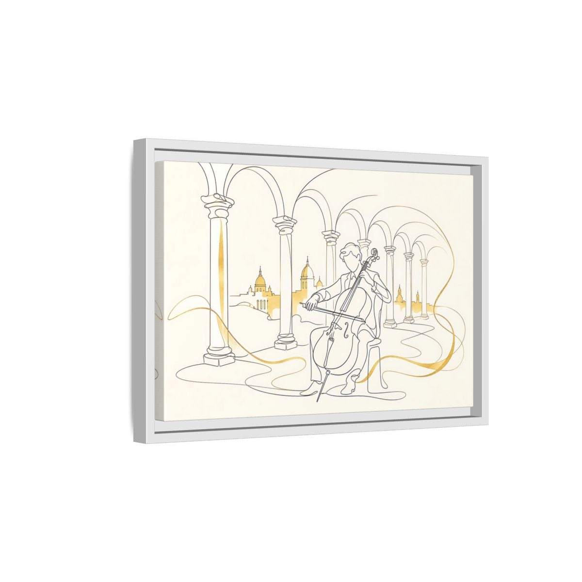 Side Mockup 4. Golden Cello Serenade shown as framed canvas print