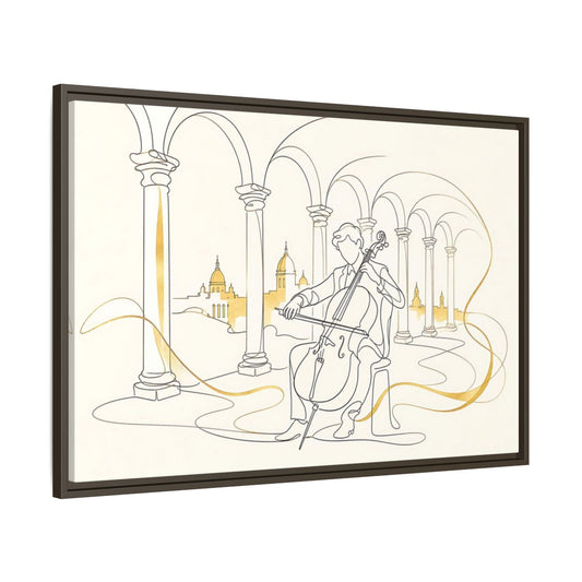 Main Mockup. Golden Cello Serenade shown as framed canvas print