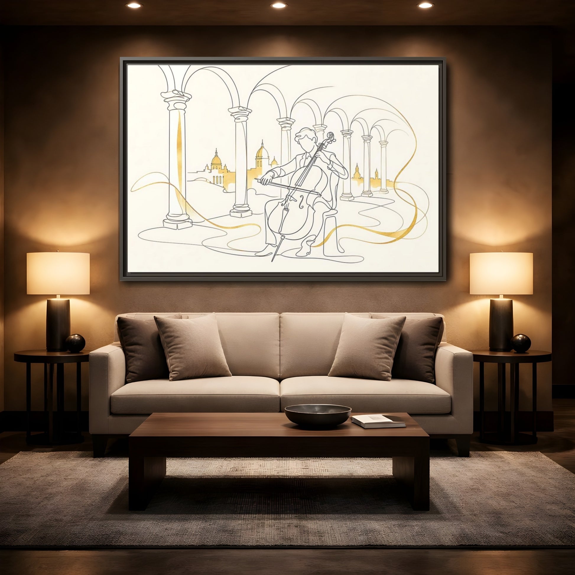 Mockup 2. Golden Cello Serenade shown as framed canvas print