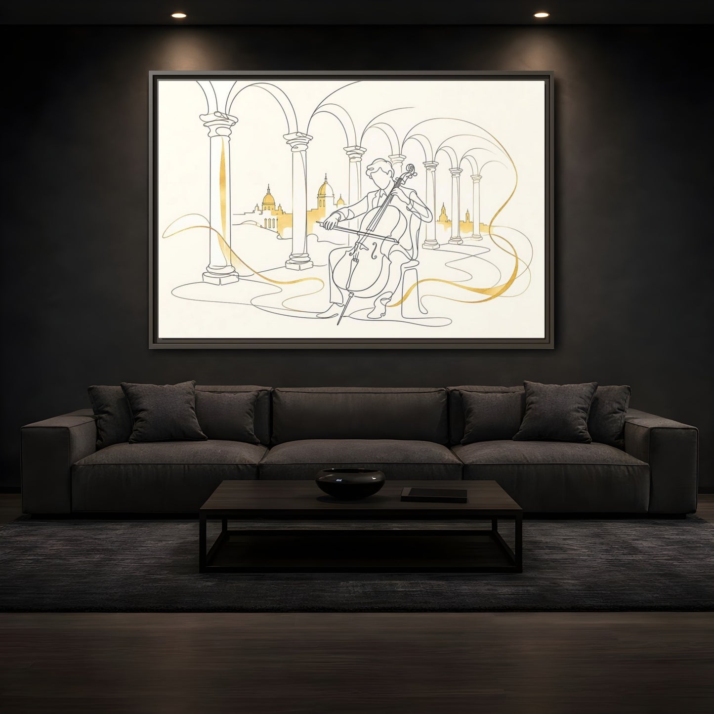 Mockup 3. Golden Cello Serenade shown as framed canvas print
