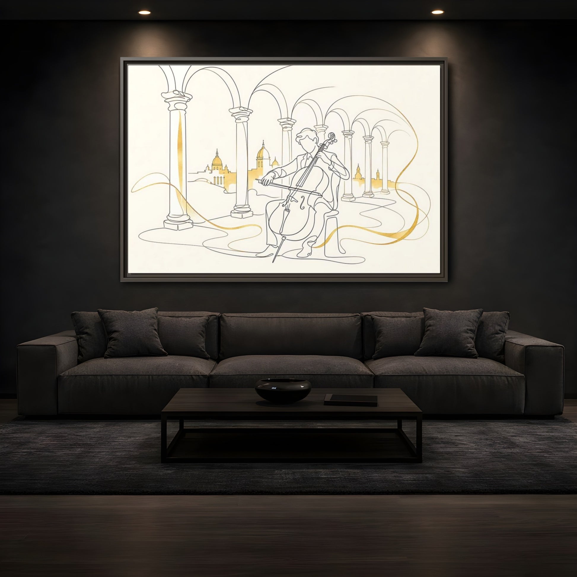 Mockup 3. Golden Cello Serenade shown as framed canvas print