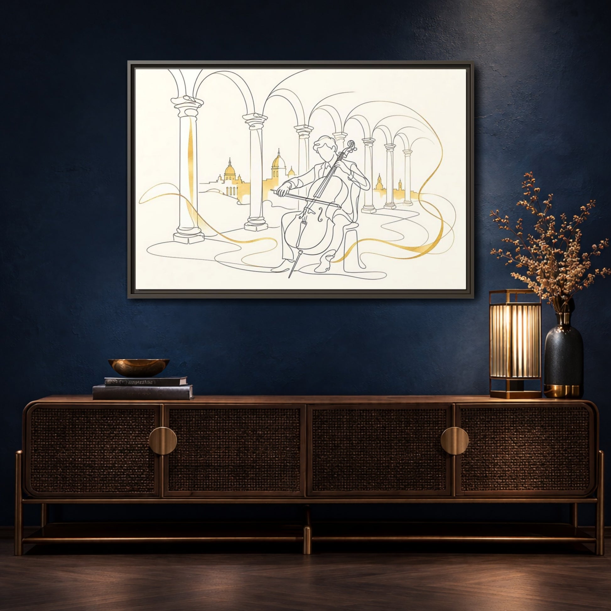 Mockup 4. Golden Cello Serenade shown as framed canvas print