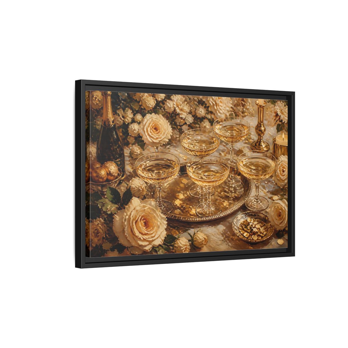 Side Mockup 3. Golden Champagne And Roses shown as framed canvas print
