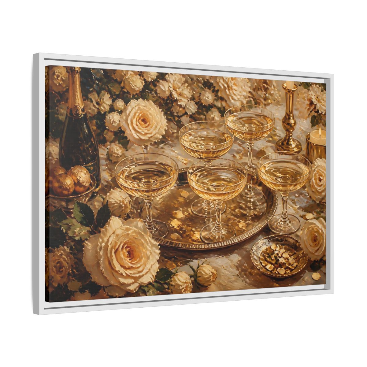 Side Mockup 10. Golden Champagne And Roses shown as framed canvas print