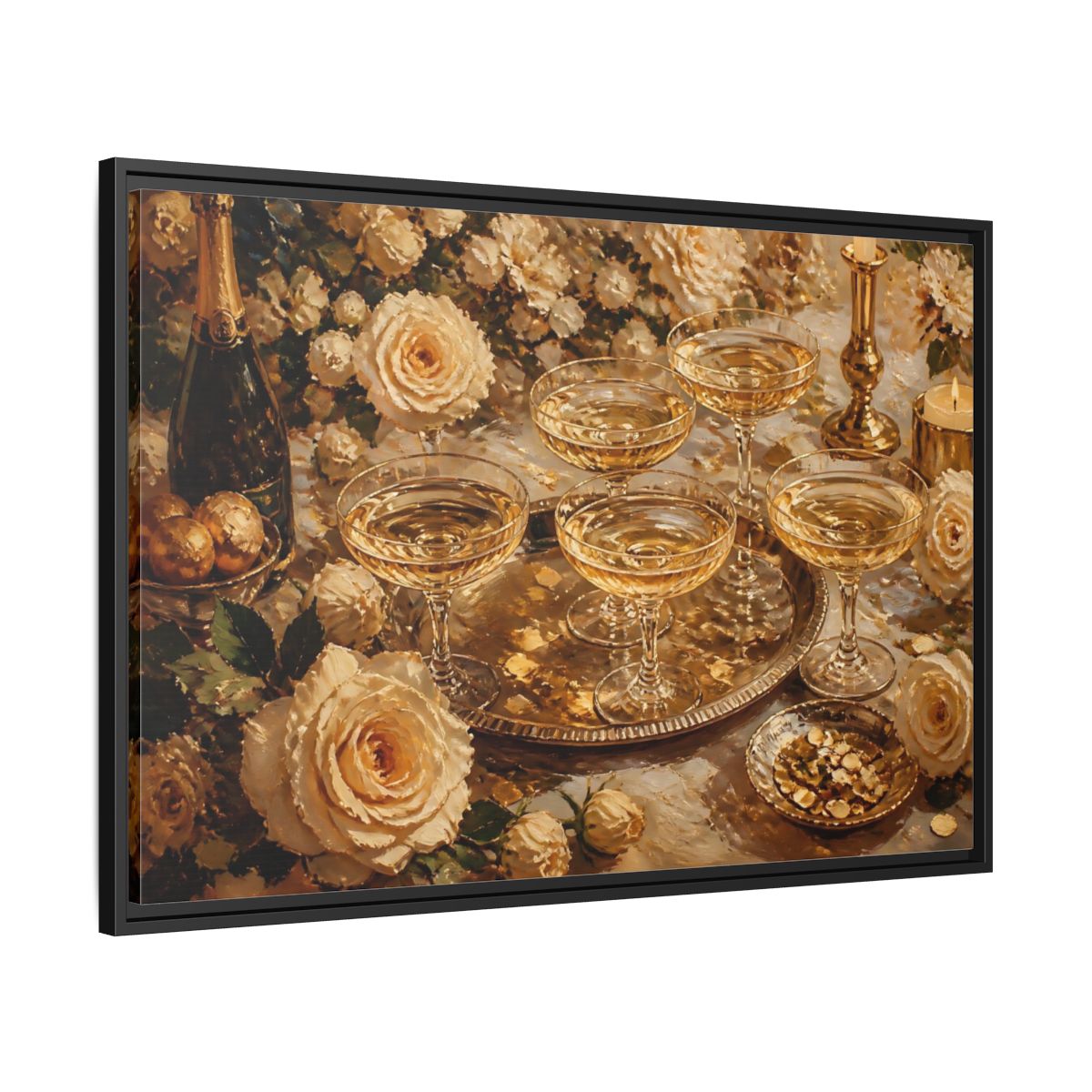 Side Mockup 13. Golden Champagne And Roses shown as framed canvas print
