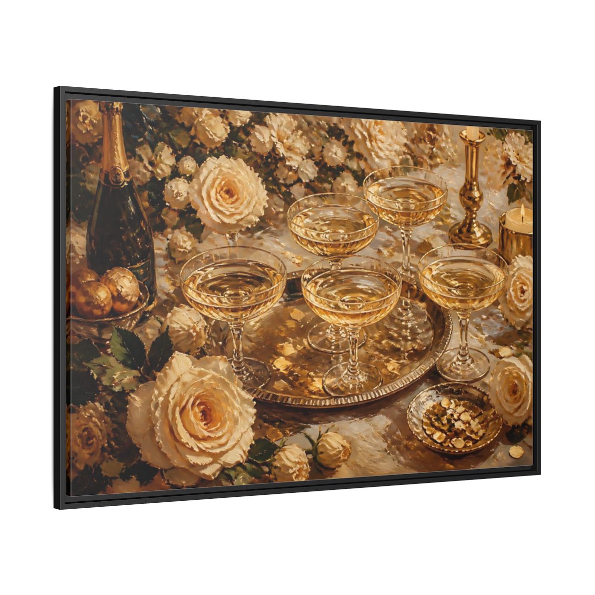Side Mockup 12. Golden Champagne And Roses shown as framed canvas print