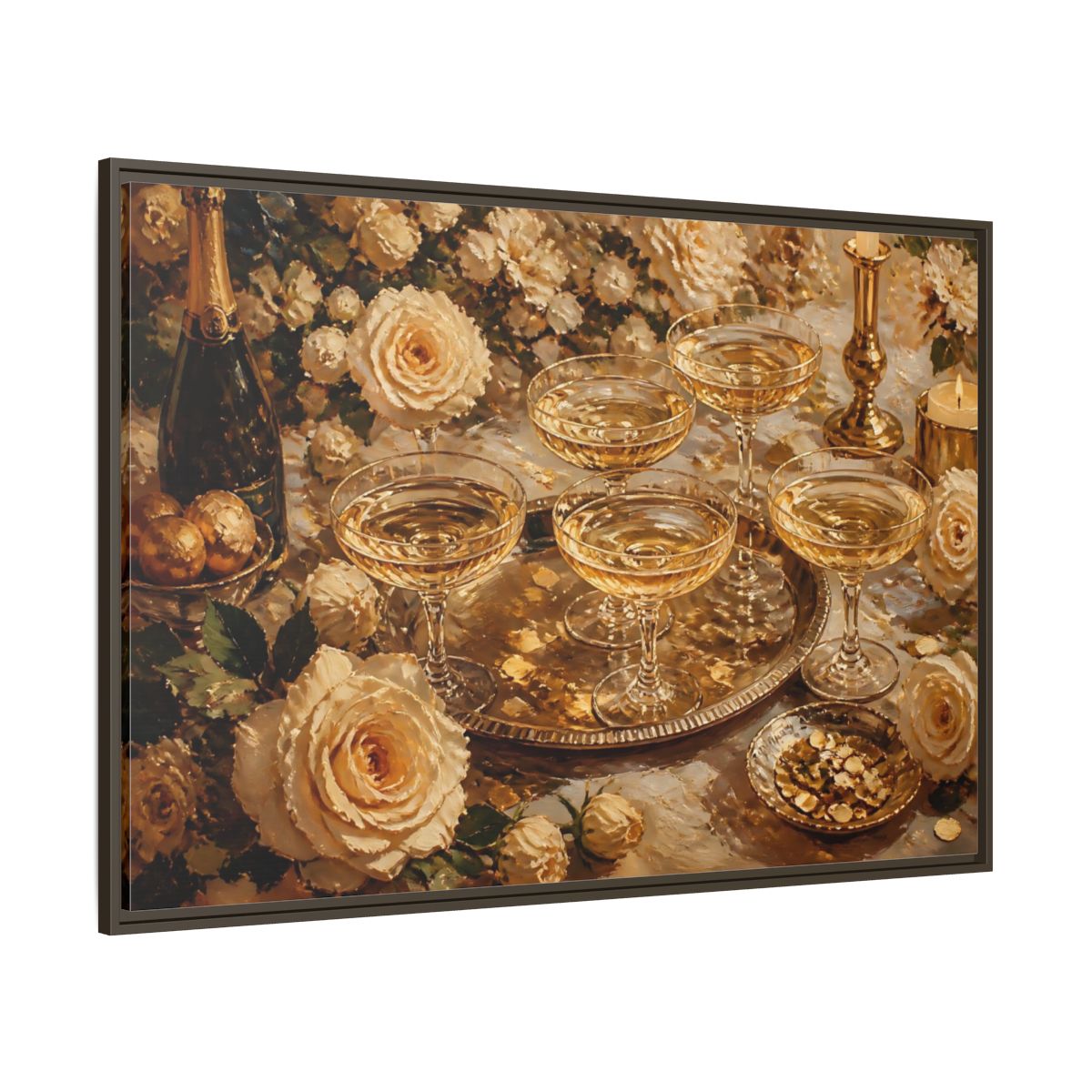 Side Mockup 8. Golden Champagne And Roses shown as framed canvas print