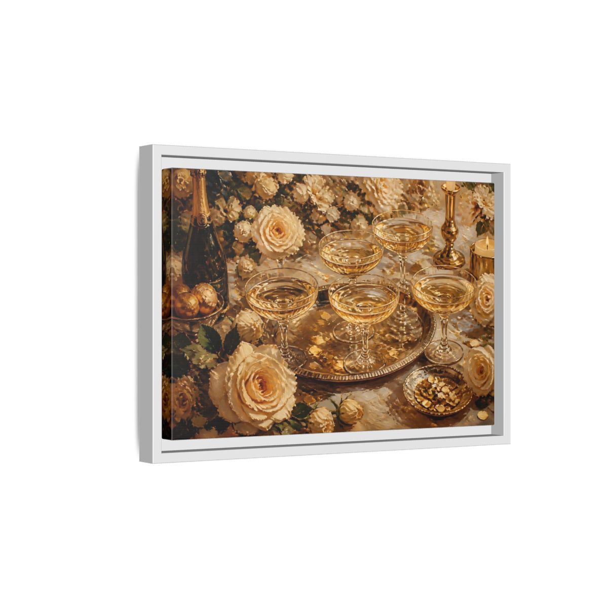Side Mockup 4. Golden Champagne And Roses shown as framed canvas print