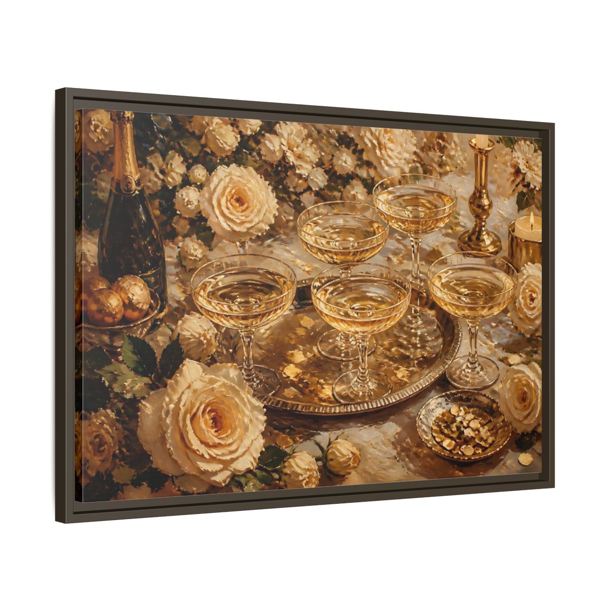 Side Mockup 11. Golden Champagne And Roses shown as framed canvas print