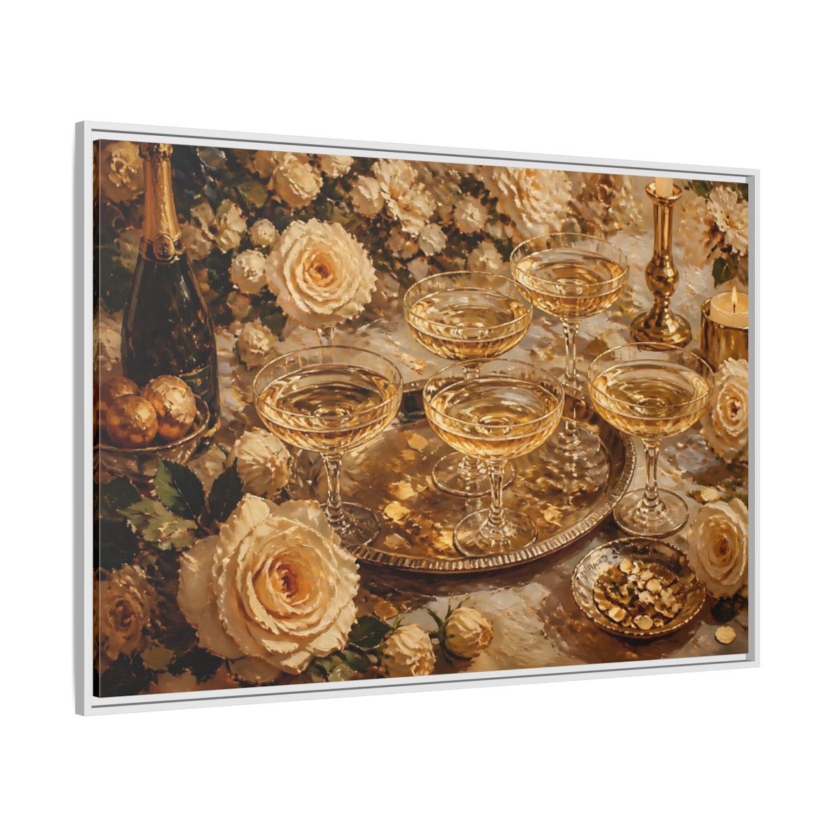 Side Mockup 7. Golden Champagne And Roses shown as framed canvas print