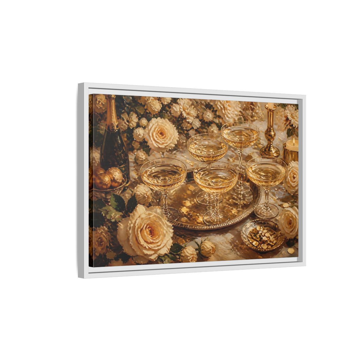 Side Mockup 1. Golden Champagne And Roses shown as framed canvas print