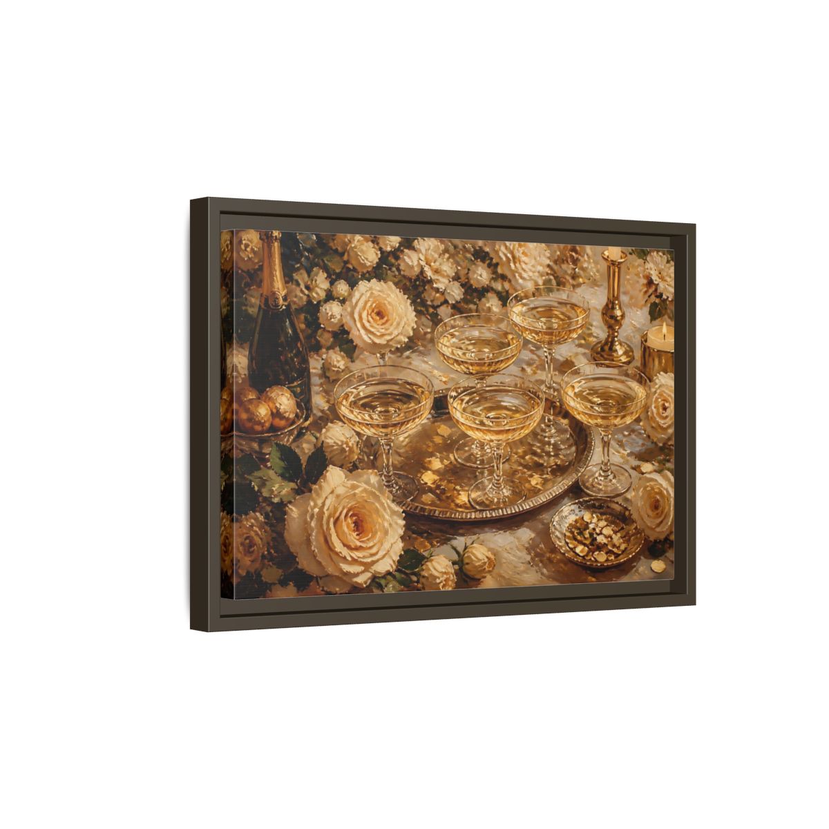 Side Mockup 5. Golden Champagne And Roses shown as framed canvas print