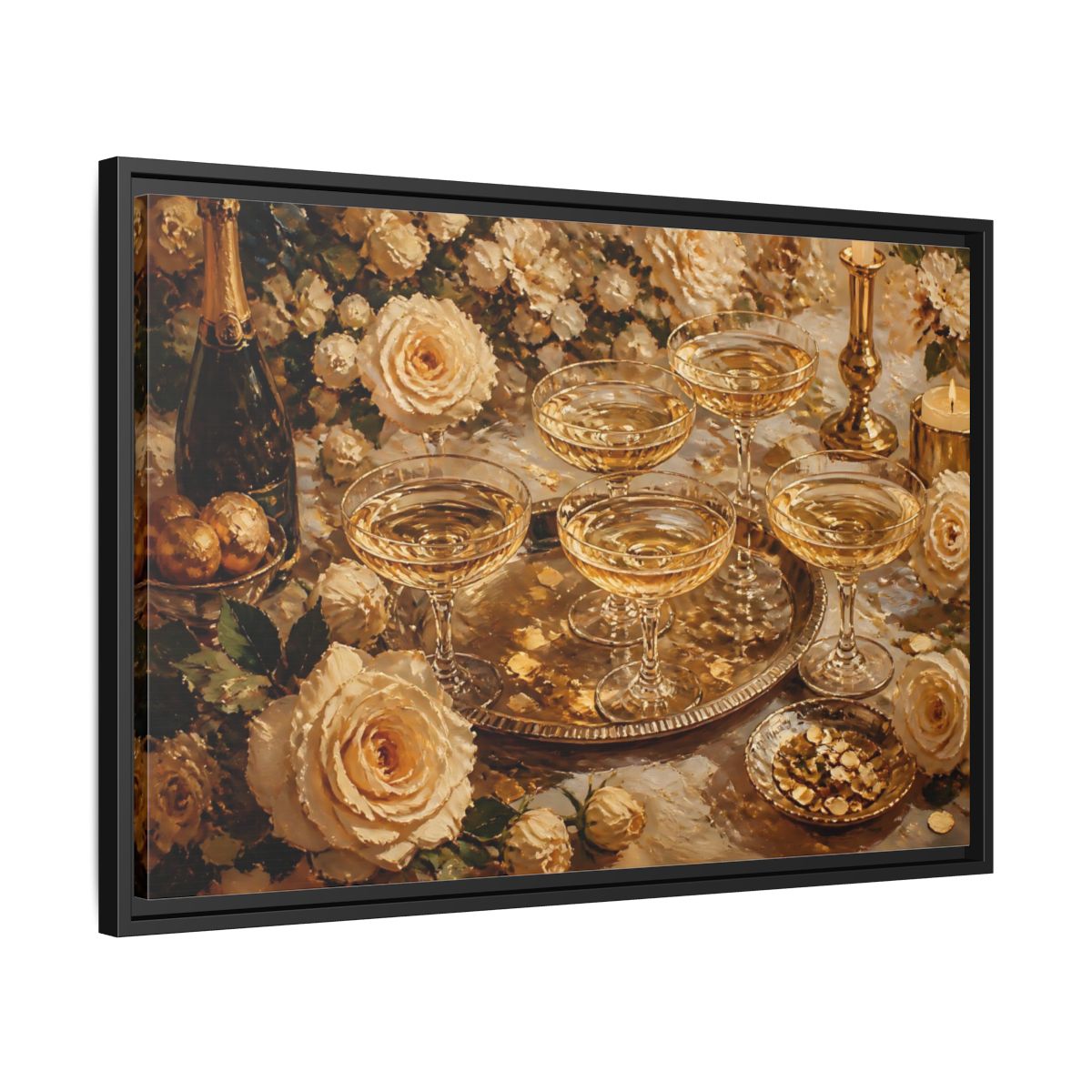 Side Mockup 14. Golden Champagne And Roses shown as framed canvas print