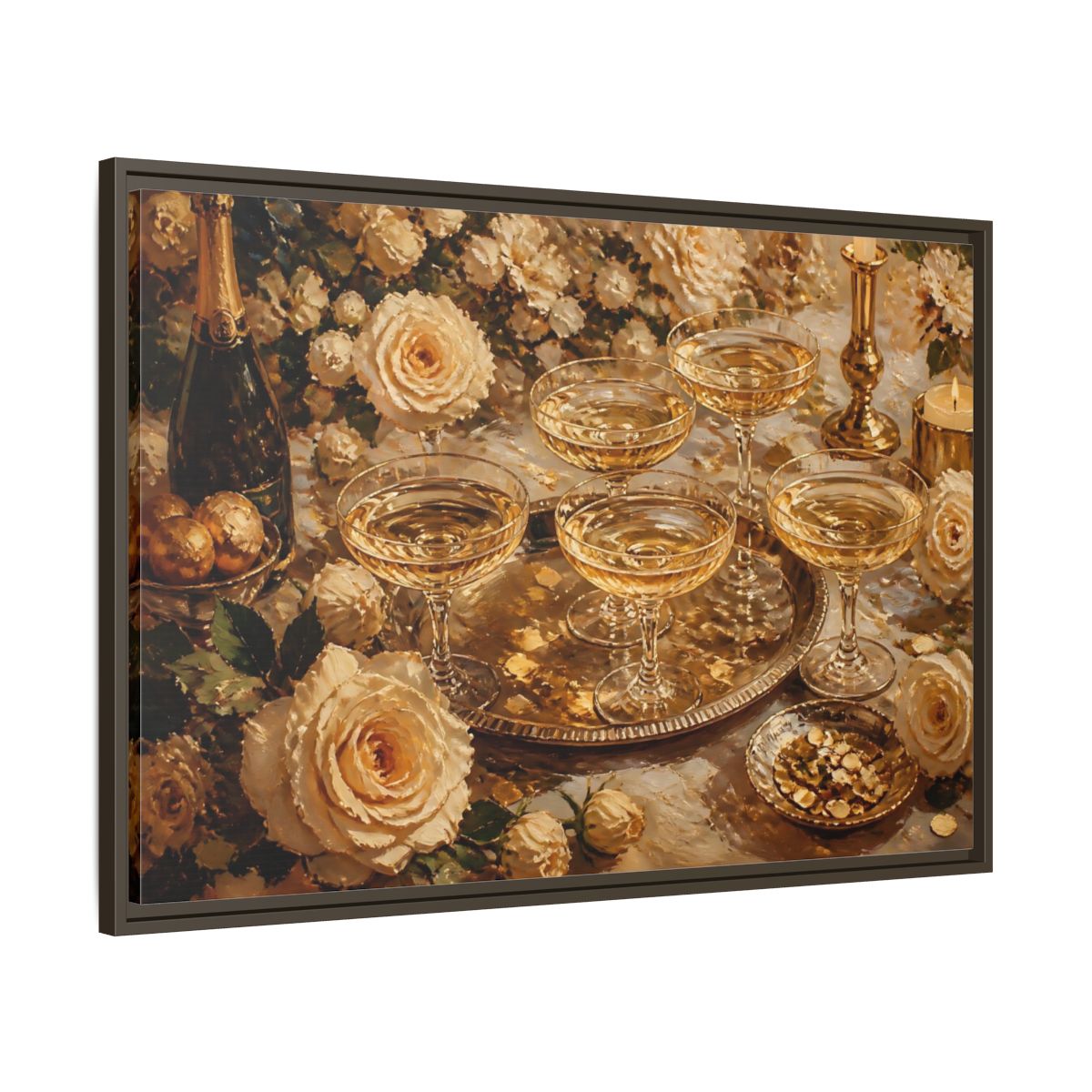 Main Mockup. Golden Champagne And Roses shown as framed canvas print