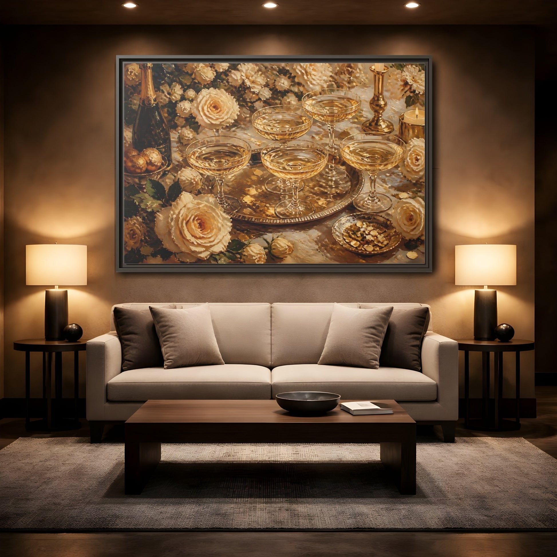 Mockup 2. Golden Champagne And Roses shown as framed canvas print