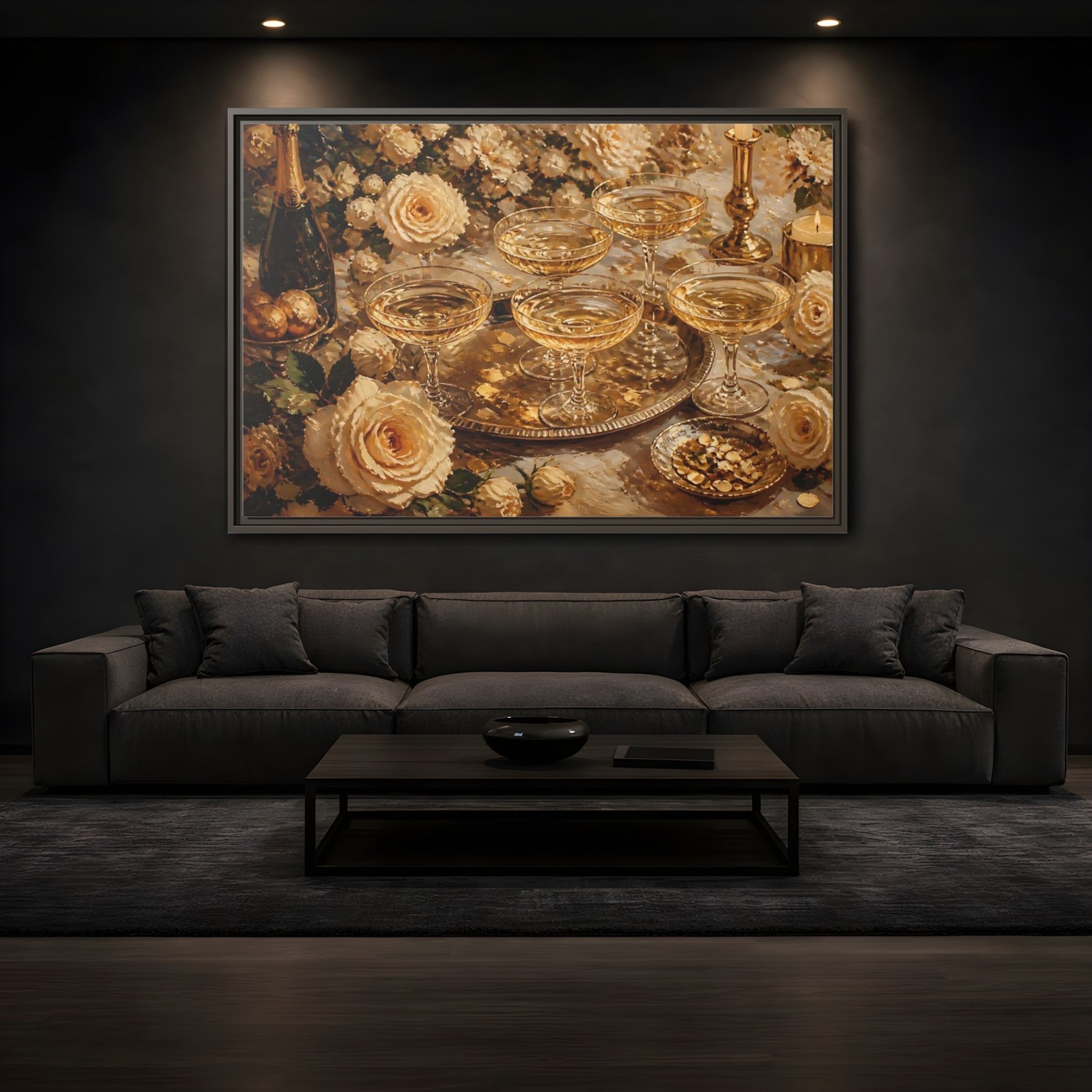 Mockup 3. Golden Champagne And Roses shown as framed canvas print
