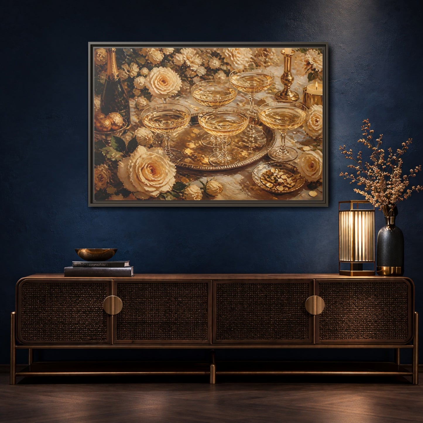 Mockup 4. Golden Champagne And Roses shown as framed canvas print