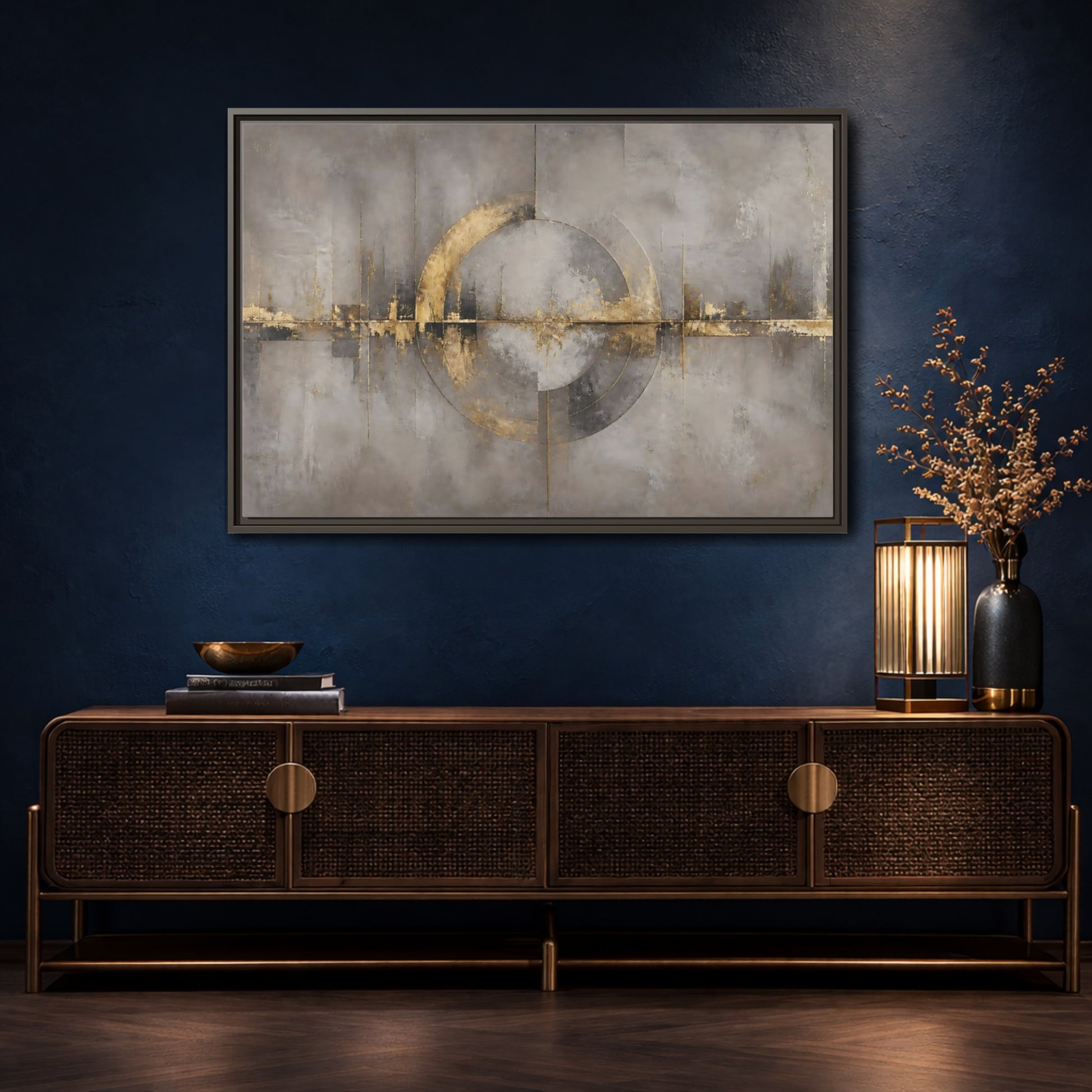 Mockup 4. Golden Circle On Concrete shown as framed canvas print