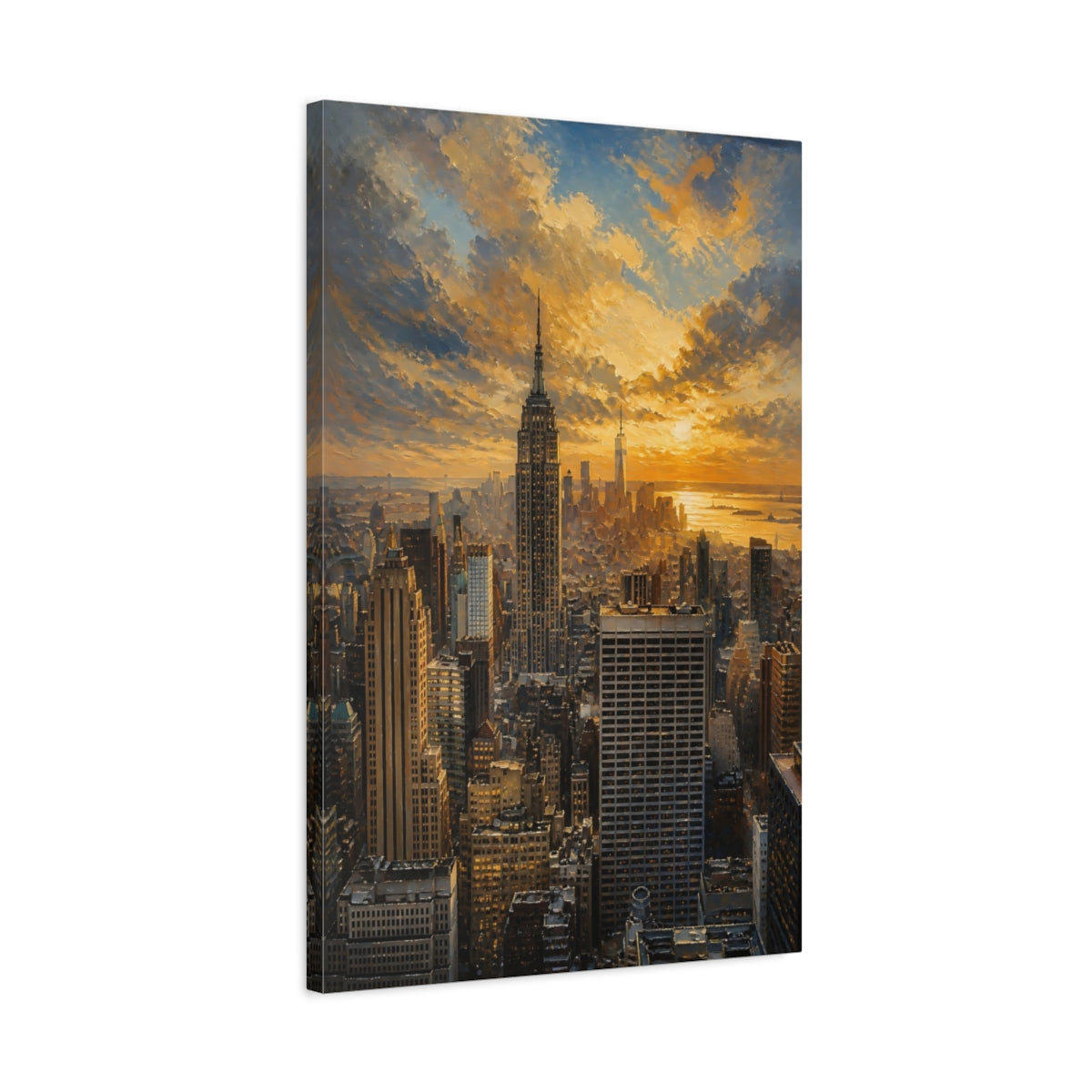 Side Mockup 2. Golden City Skyline At Sunset shown as canvas print
