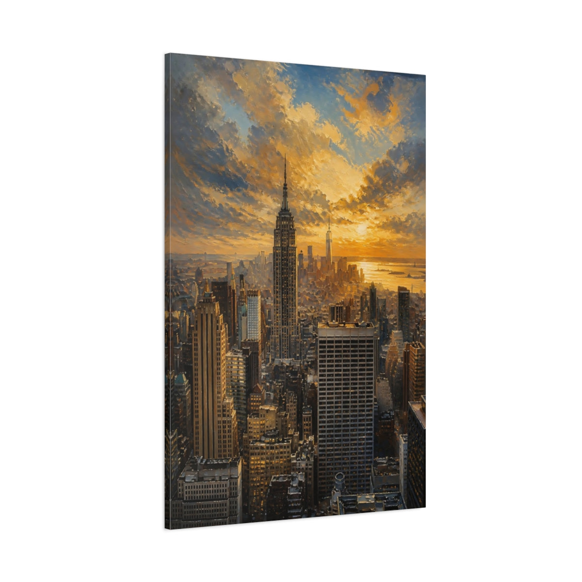 Side Mockup 1. Golden City Skyline At Sunset shown as canvas print