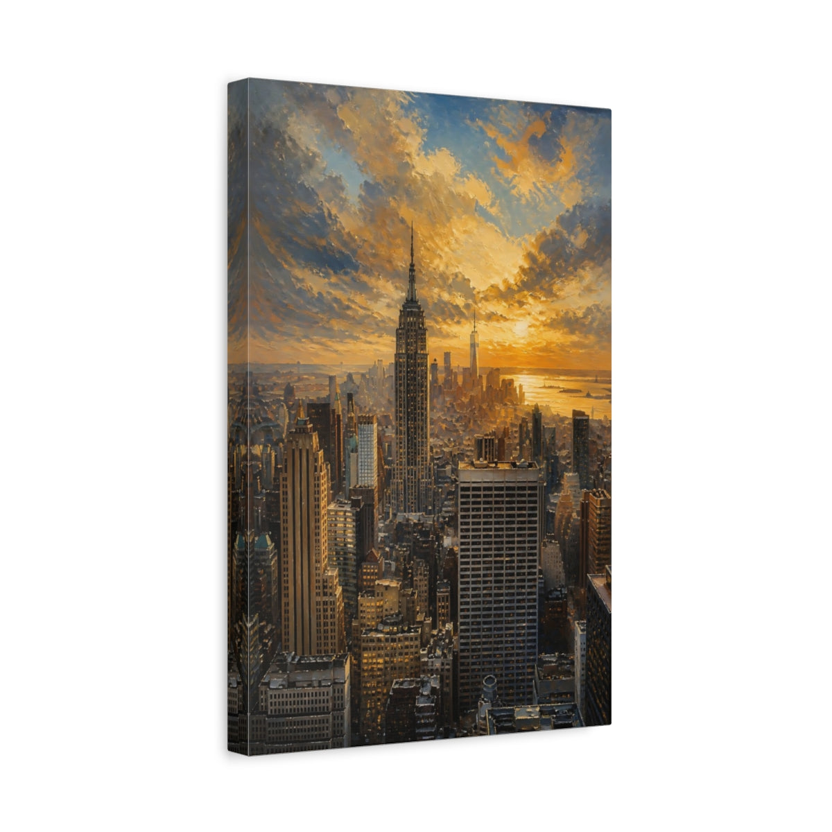 Side Mockup 4. Golden City Skyline At Sunset shown as canvas print