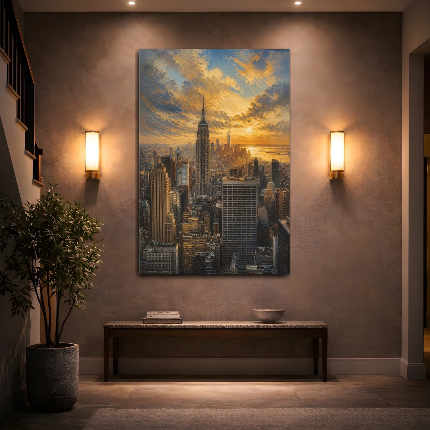 Mockup 2. Golden City Skyline At Sunset shown as canvas print