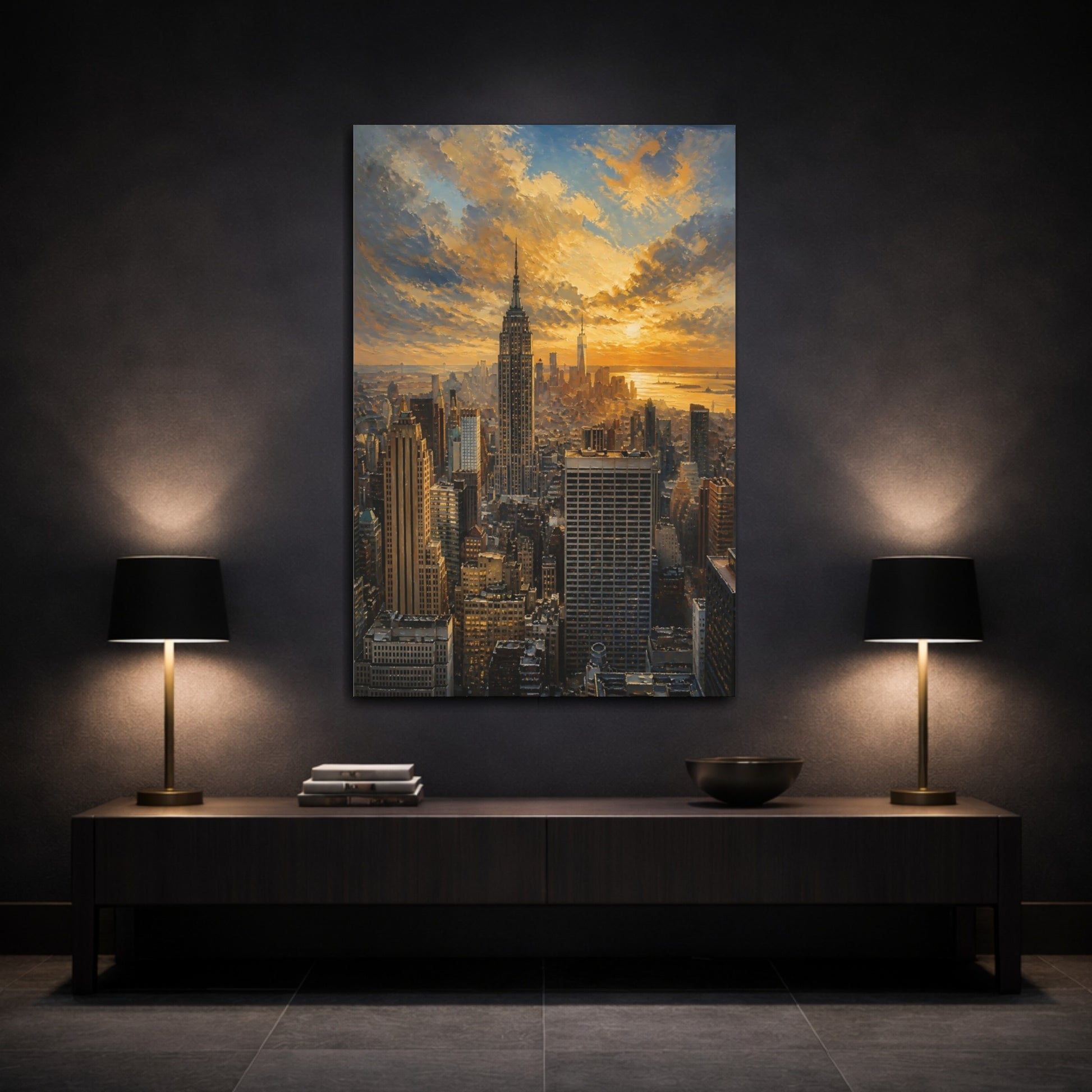 Mockup 3. Golden City Skyline At Sunset shown as canvas print