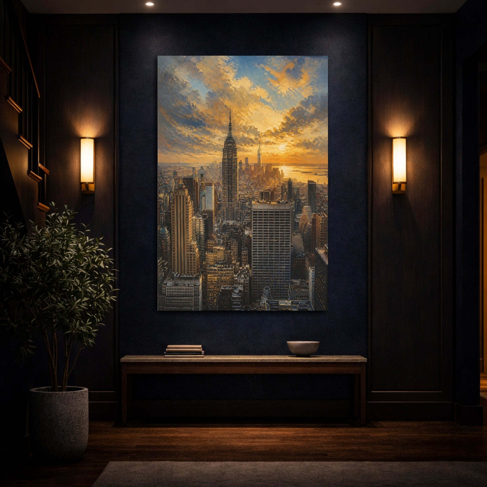Mockup 4. Golden City Skyline At Sunset shown as canvas print