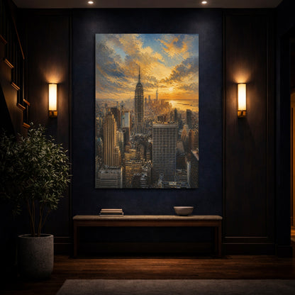 Mockup 4. Golden City Skyline At Sunset shown as canvas print