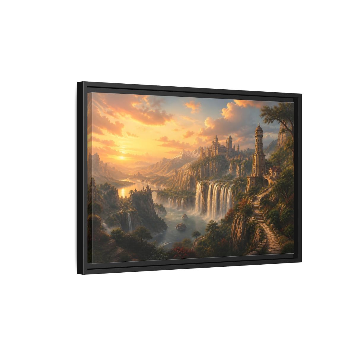 Side Mockup 3. Golden Cliffside Castle At Sunset shown as framed canvas print