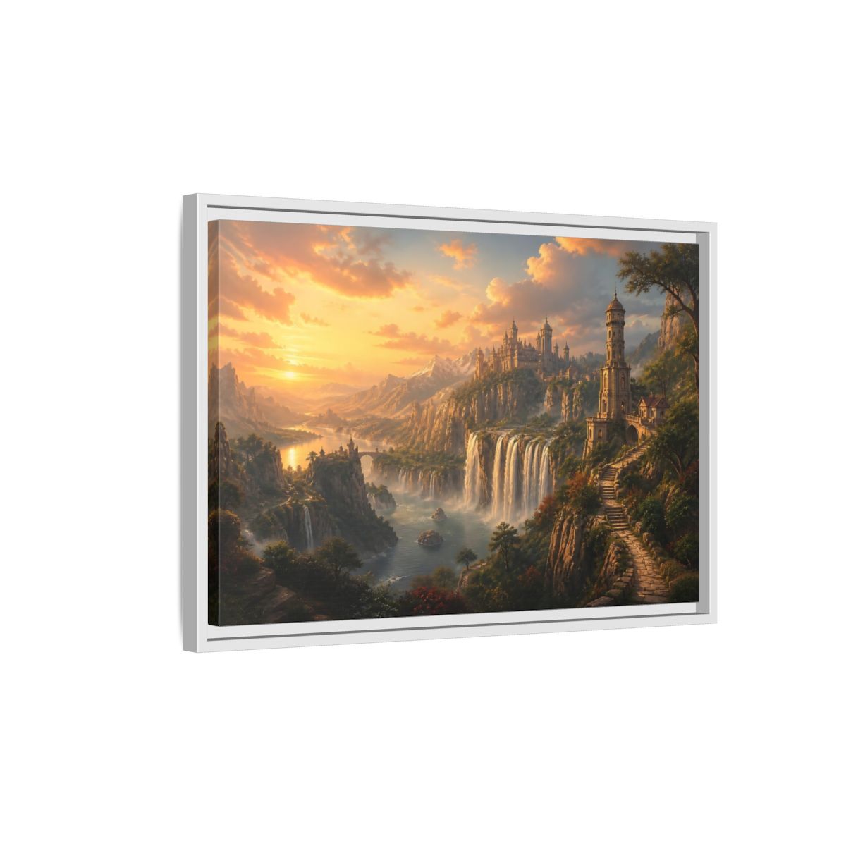 Side Mockup 1. Golden Cliffside Castle At Sunset shown as framed canvas print