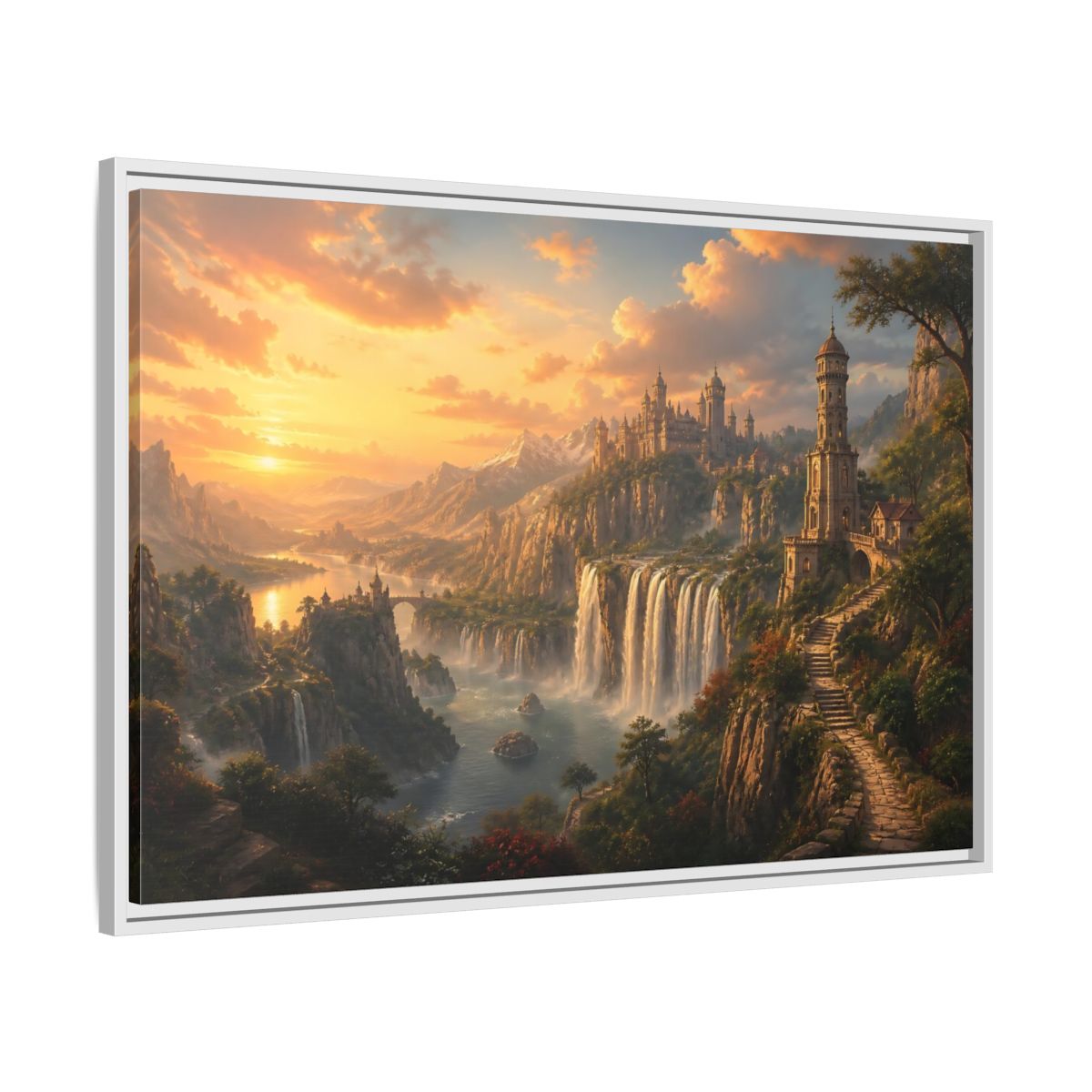 Side Mockup 9. Golden Cliffside Castle At Sunset shown as framed canvas print