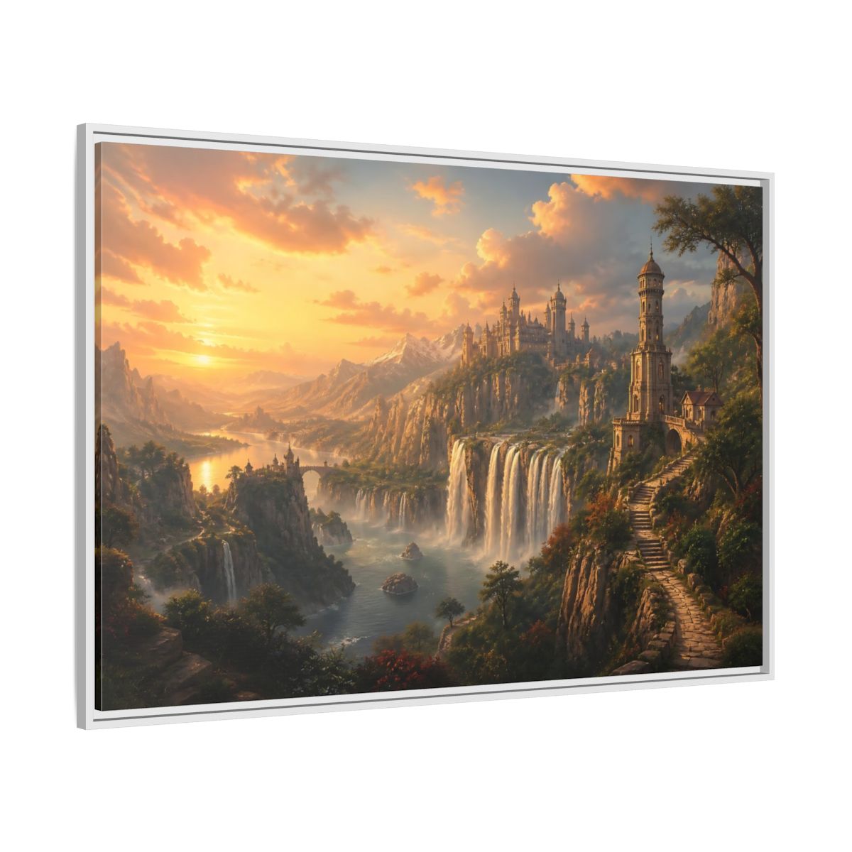 Side Mockup 7. Golden Cliffside Castle At Sunset shown as framed canvas print
