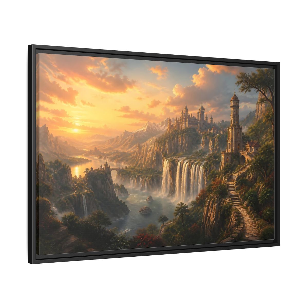 Side Mockup 13. Golden Cliffside Castle At Sunset shown as framed canvas print
