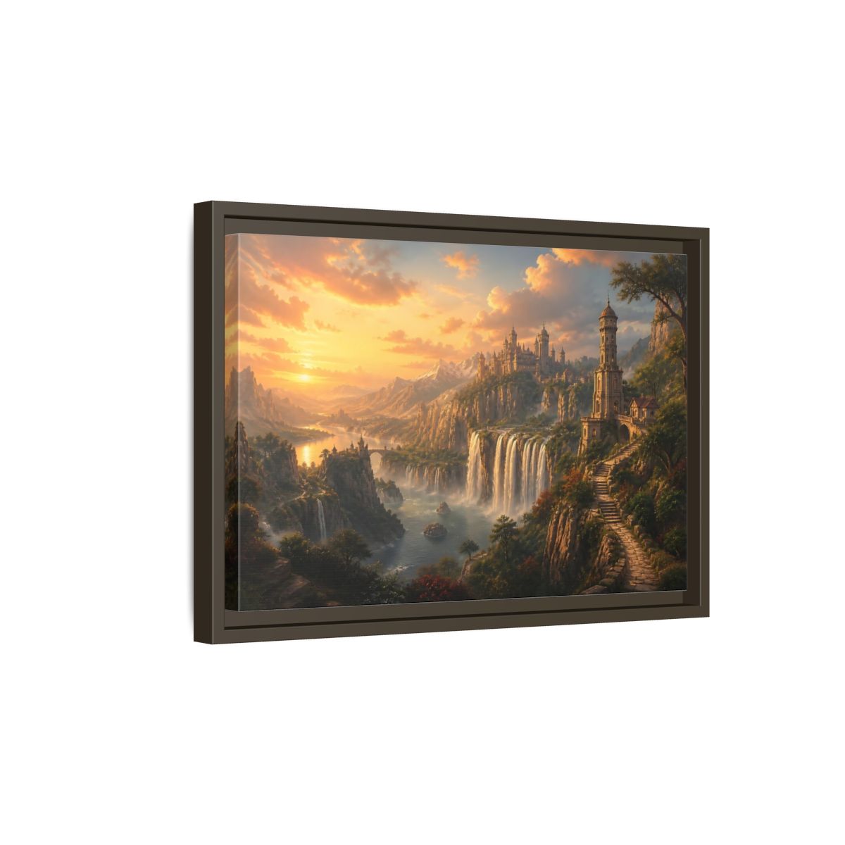 Side Mockup 5. Golden Cliffside Castle At Sunset shown as framed canvas print