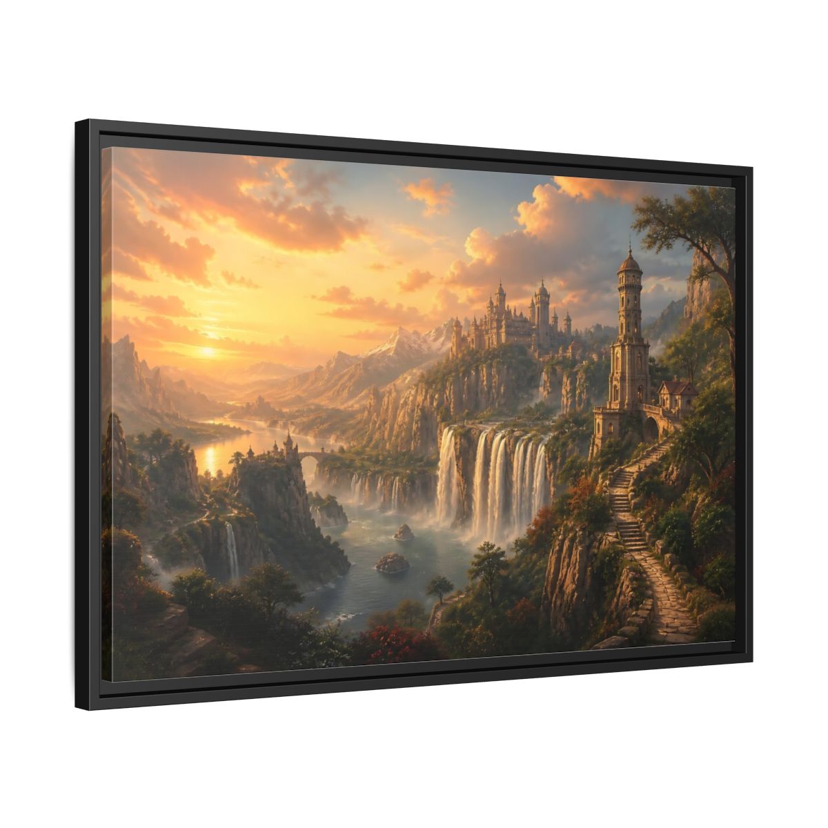 Side Mockup 14. Golden Cliffside Castle At Sunset shown as framed canvas print